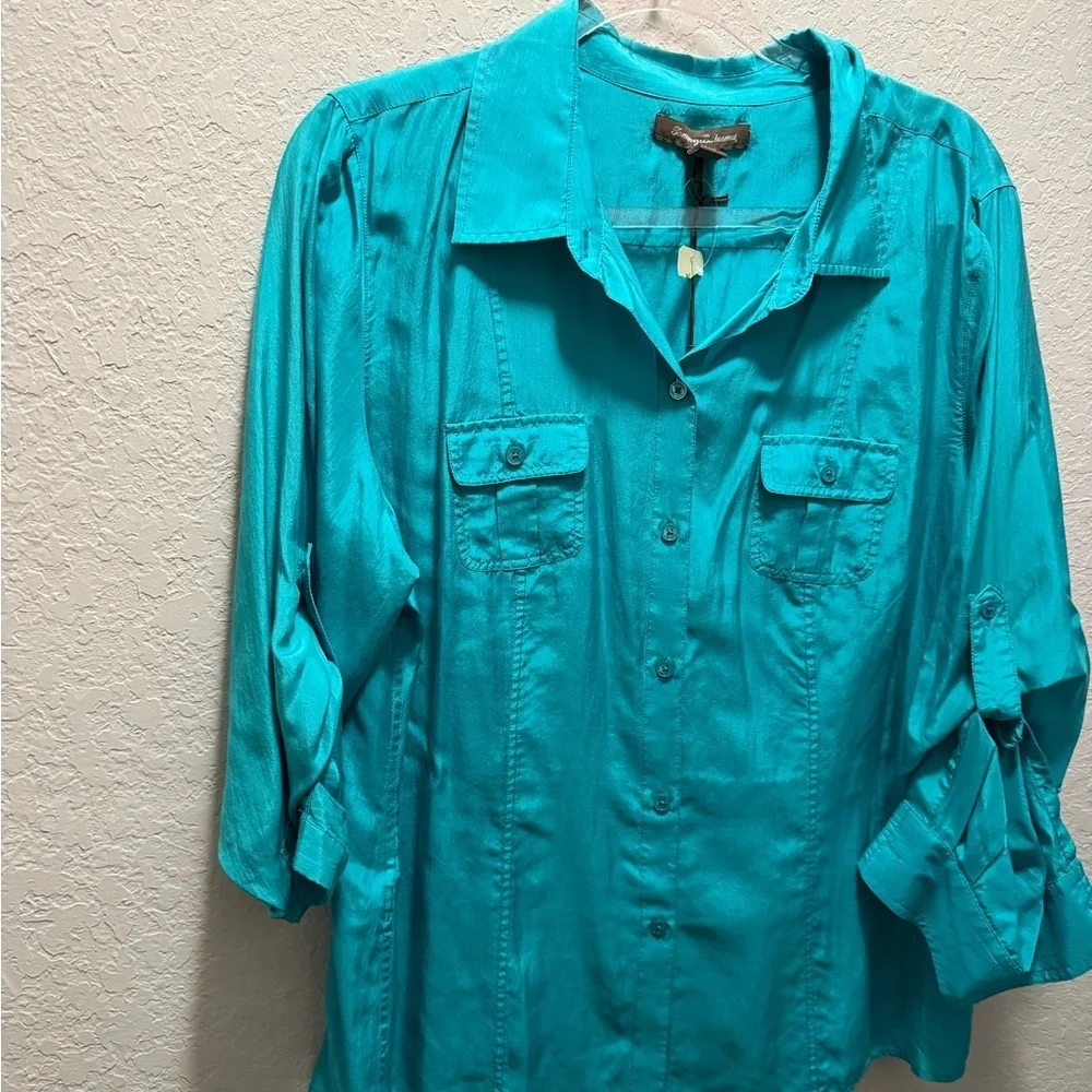 Tommy Bahama Turquoise Button-Down Shirt 100% Silk Size XL